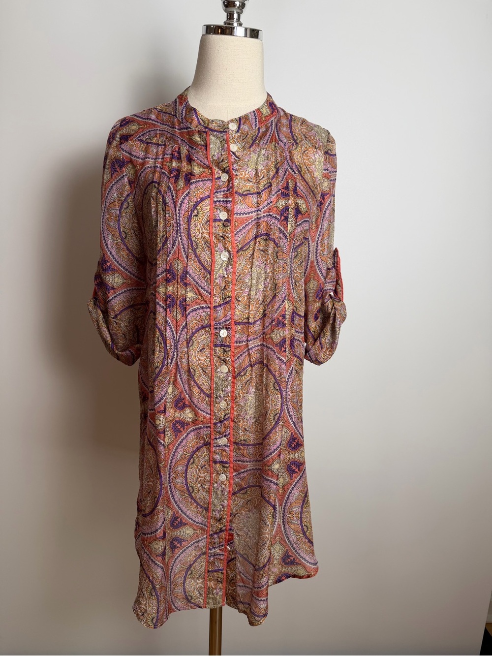 Zingara Paisley Button-Down Tunic/Coverup Blouse - Orange Multi 100% Silk Size S